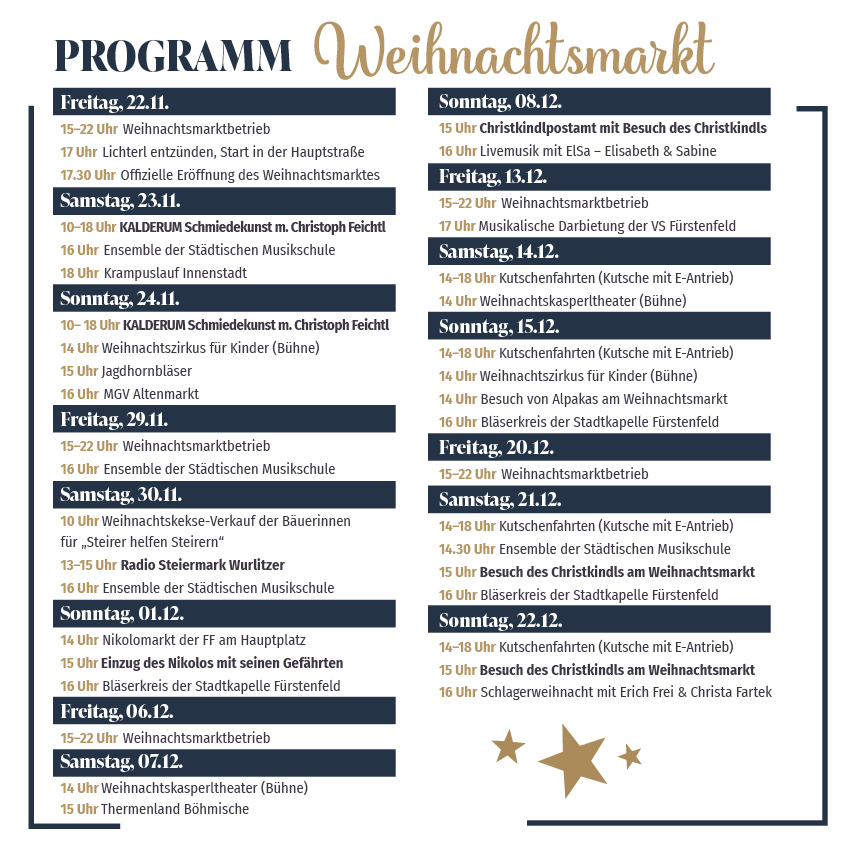 Programm Fürstenfelder Weihnachtsmarkt 2024_jeden Tag besondere Highlights für Groß & klein